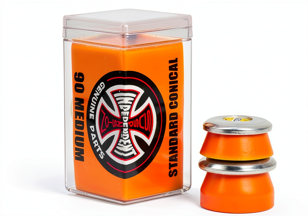 Independent orange skateboard bushings installed on a shortboard truck