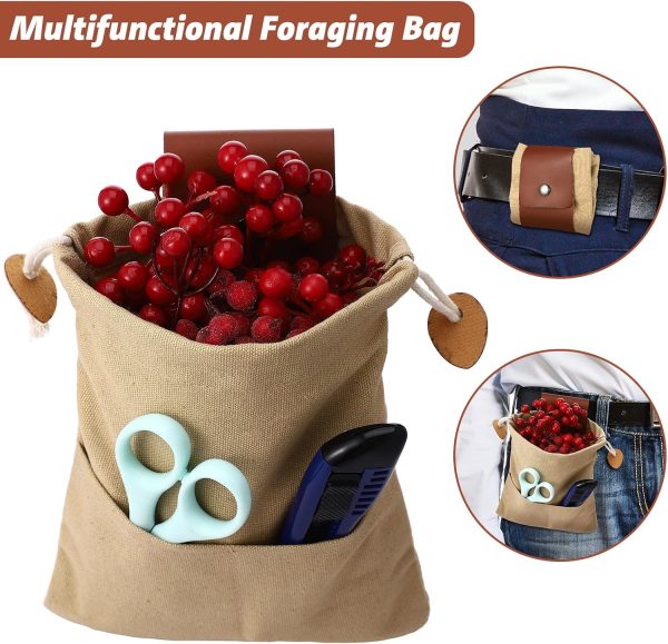 Foraging Bag 4 Pcs Canvas Waxed Foraging Pouch Mushroom Bags Collapsible Bushcraft Leather Pu Hunting Belt Bag Hiking Pouch for Outdoor Traveling Camping-3