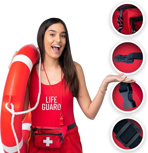 EMS XTRM Lifeguard Fanny Pack Red with Whistle Lanyard - Baywatch Style First Aid Hip Pack, Adjustable Strap, Cross Logo + Zipper Pouch, 1 Pack-5