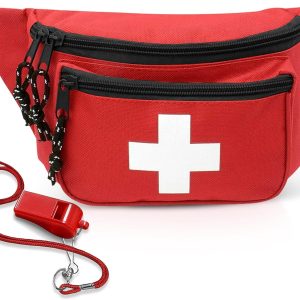 EMS XTRM Lifeguard Fanny Pack Red with Whistle Lanyard - Baywatch Style First Aid Hip Pack, Adjustable Strap, Cross Logo + Zipper Pouch, 1 Pack-0