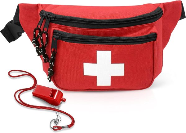 EMS XTRM Lifeguard Fanny Pack Red with Whistle Lanyard - Baywatch Style First Aid Hip Pack, Adjustable Strap, Cross Logo + Zipper Pouch, 1 Pack-0